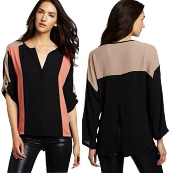BCBGMaxazria Jane Color Block Blouse Size XS Split Tuxedo Hem Roll Tab S… - Picture 2 of 12